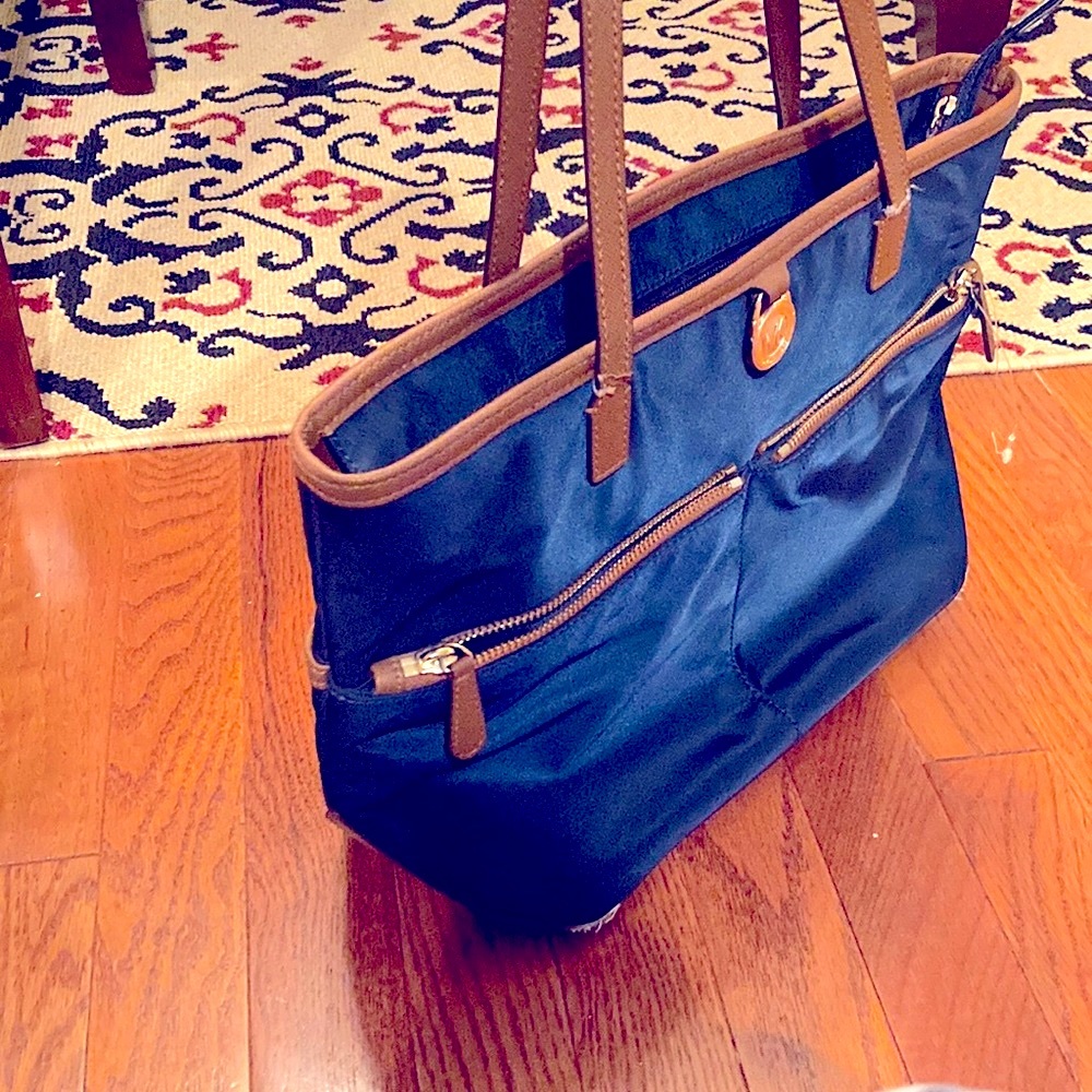 Michael Kors Nylon Navy with brown leather trim Kempton shoulder bag